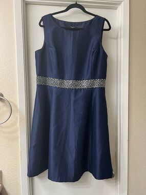 Nine West Navy Sleeveless A-Line Dress with Embellished Waist